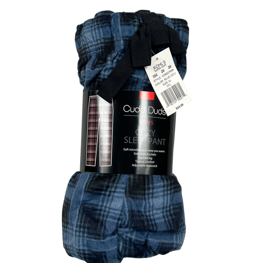 Cuddl Duds Sleep Pant Men XL Blue Geo Plaid Microfleece Tapered Leg CD8627898